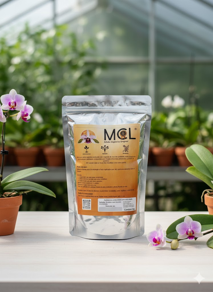 Embalagem do Adubo Orgânico MCL para orquídeas; close em estufa com phalaenopsis ao fundo